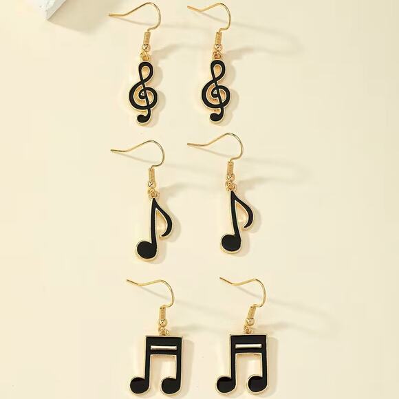 3 Pairs of Musician, Music Student, Music Note Dangling Earrings - Black/Gold - Picture 1 of 2